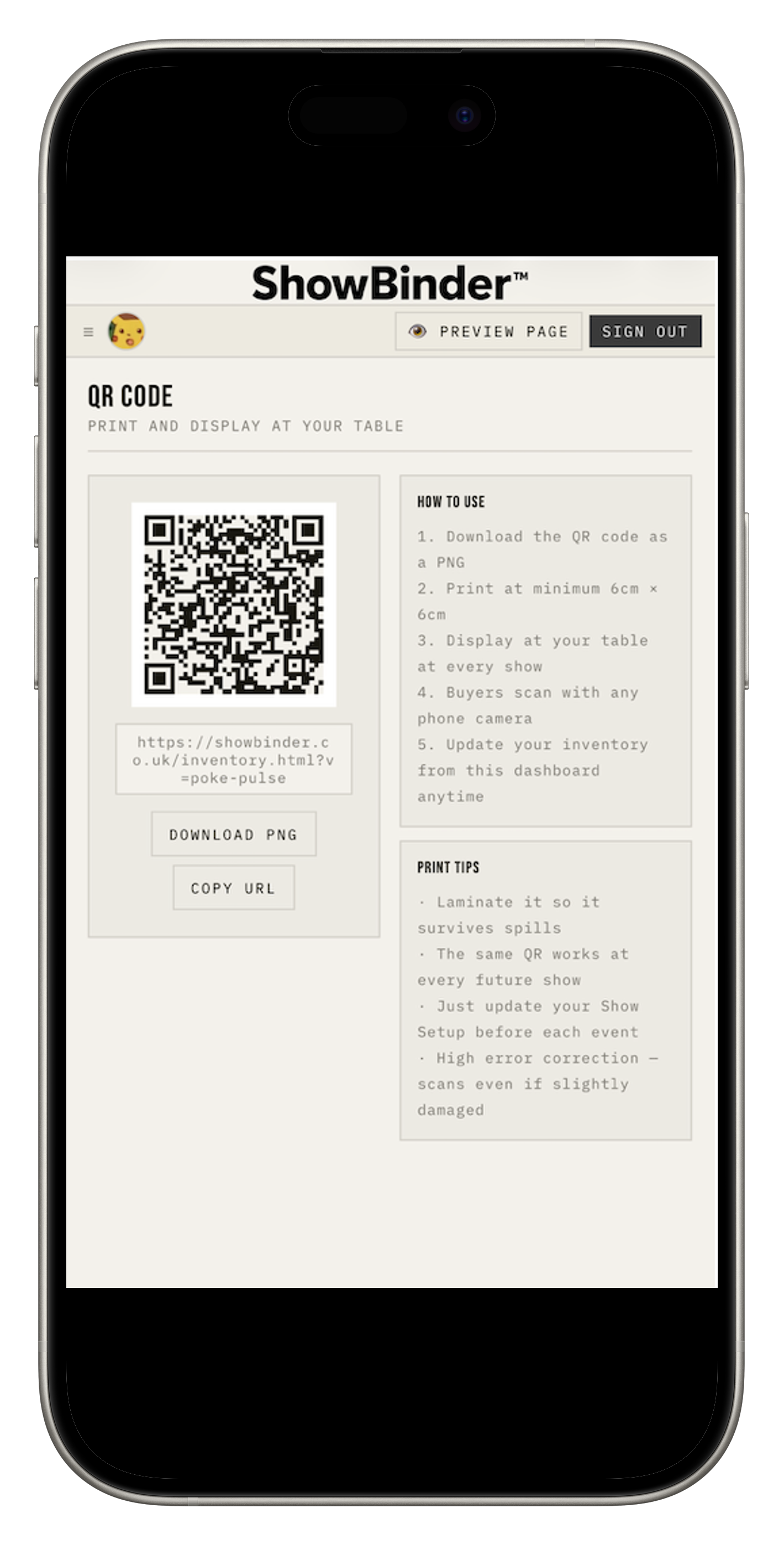 Vendor dashboard — QR code panel